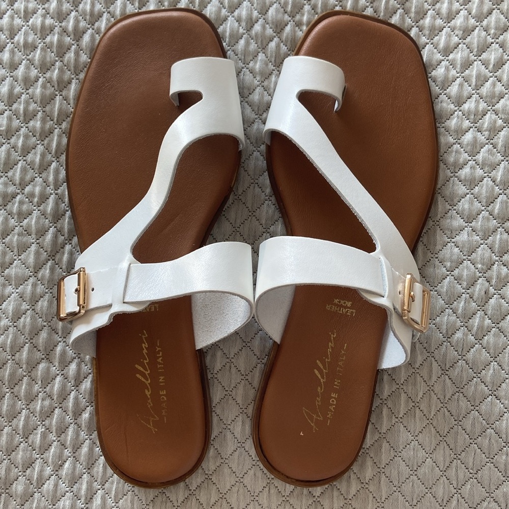 White Leather Slide Sandals with Gold Buckle - Made in Italy